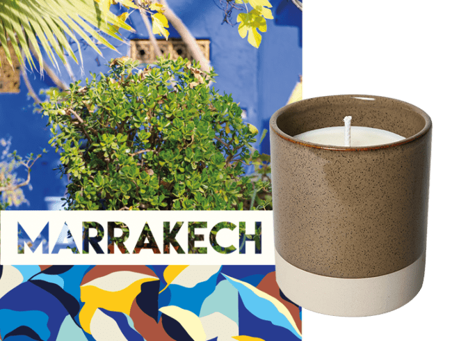 bougie à la cire végétale dans un pot marron parfum marrakech